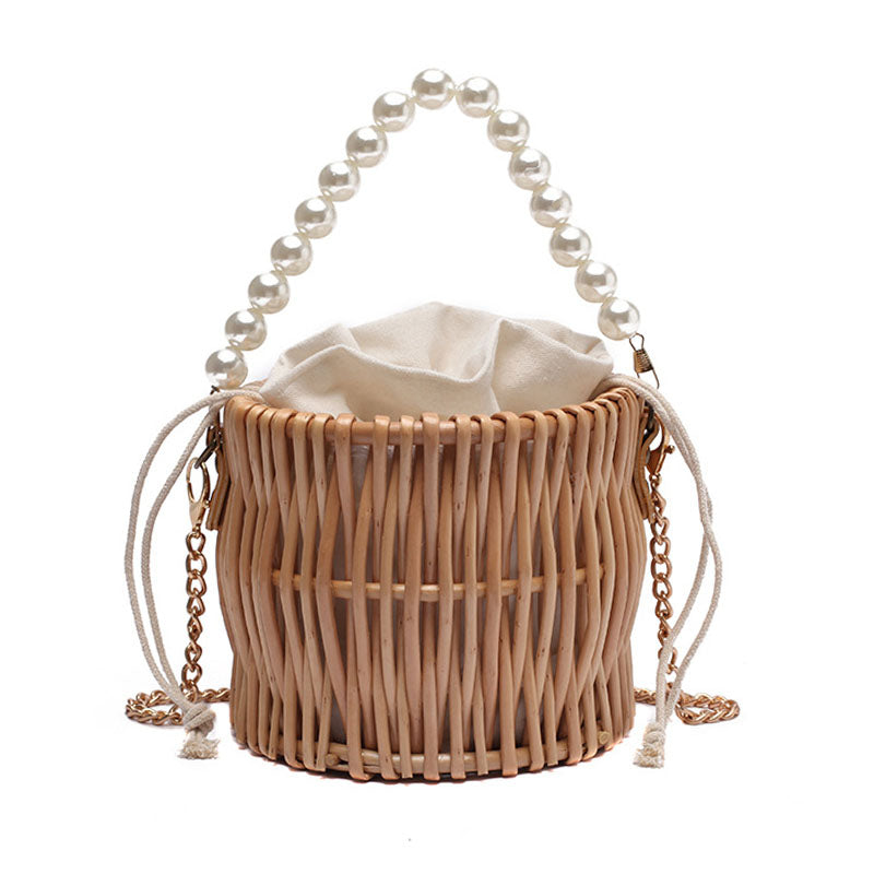 Round basket-shaped rattan handbag with a soft handle – another view