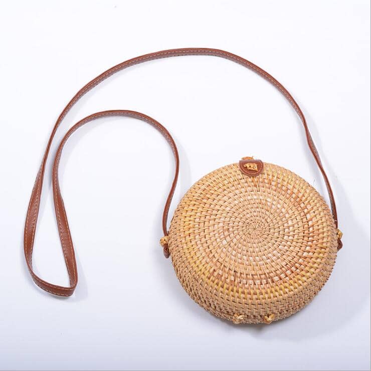 Round boho handwoven rattan handbag – brown variant, another view