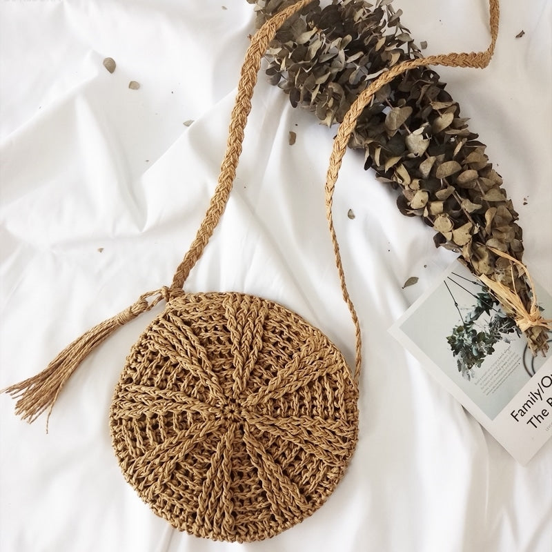 Handwoven straw crossbody bag in brown tones – another view