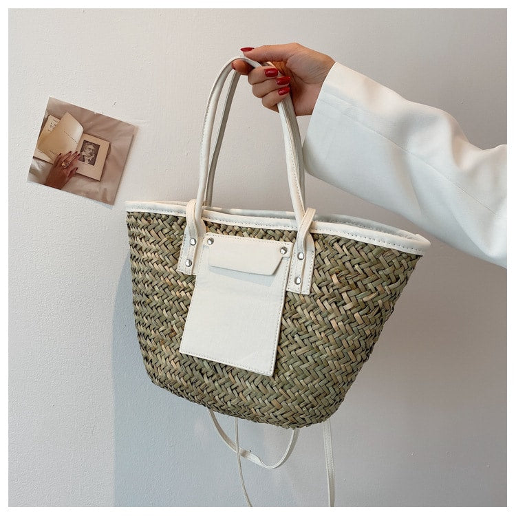 Large handmade yellow straw summer bag – worn by a model (2)