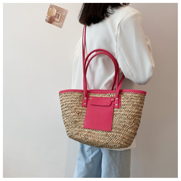 Large handmade yellow straw summer bag – worn by a model (2)