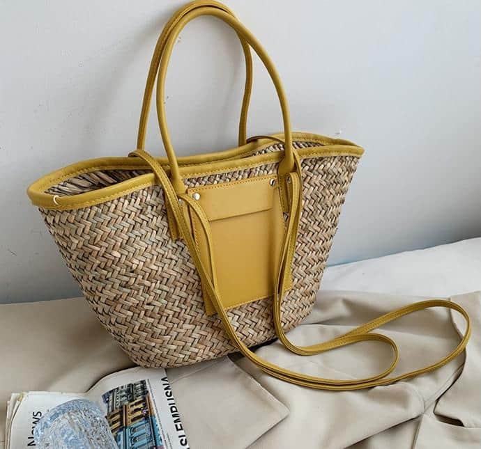 Large handmade yellow straw summer bag
