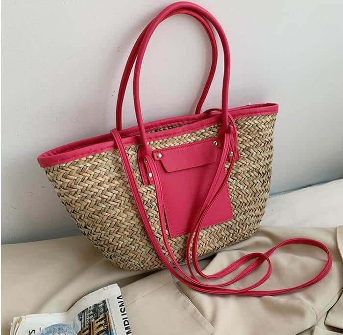 Large handmade pink straw summer bag – another view