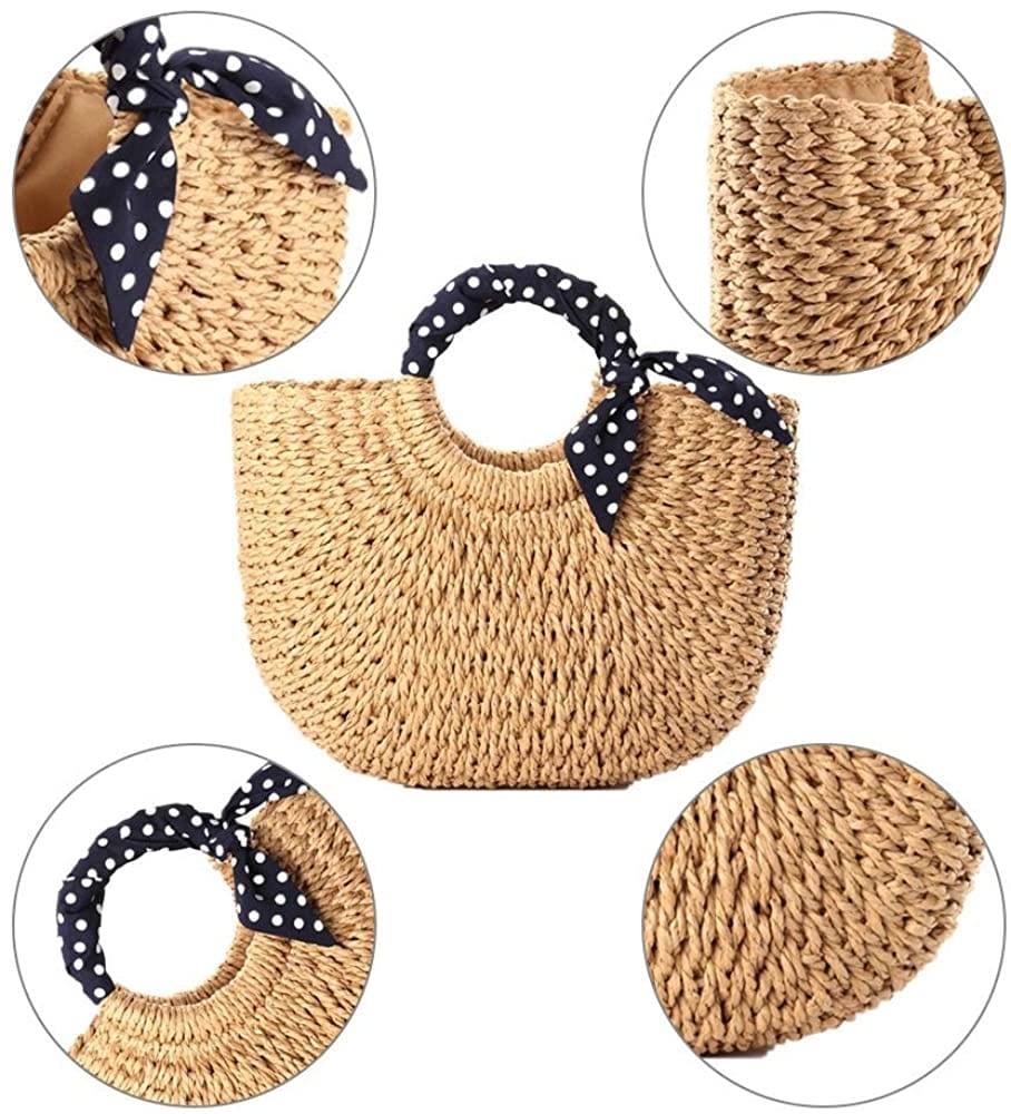 Rattan beach bag with a navy polka-dot scarf handle – multiple views