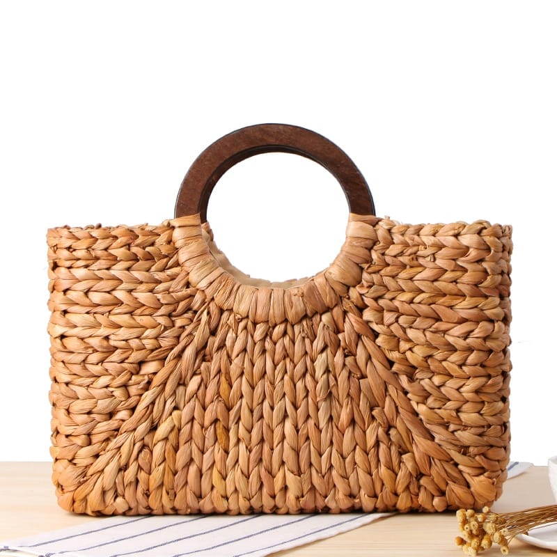 Handmade rattan beach bag with outer pockets – another view