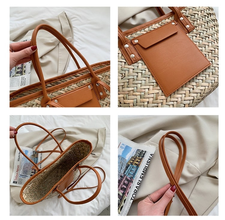 Brown rattan beach tote with a leather handle – multiple views (2)
