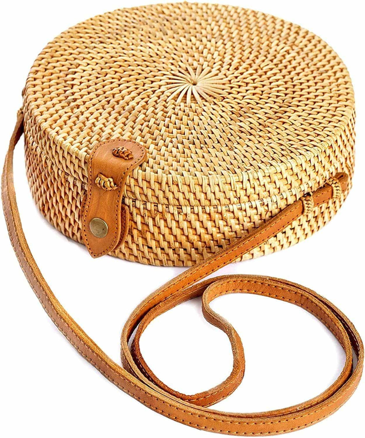Round rattan crossbody bag with a brown leather strap – another view