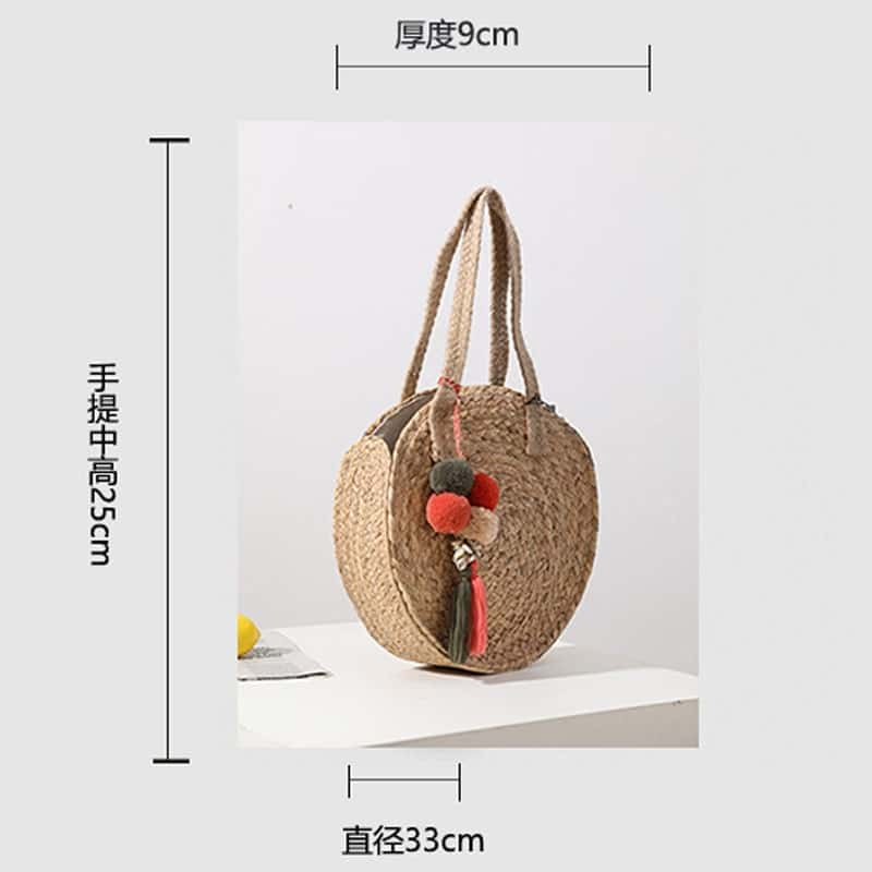 Round woven crossbody bag with a long strap – dimensions diagram