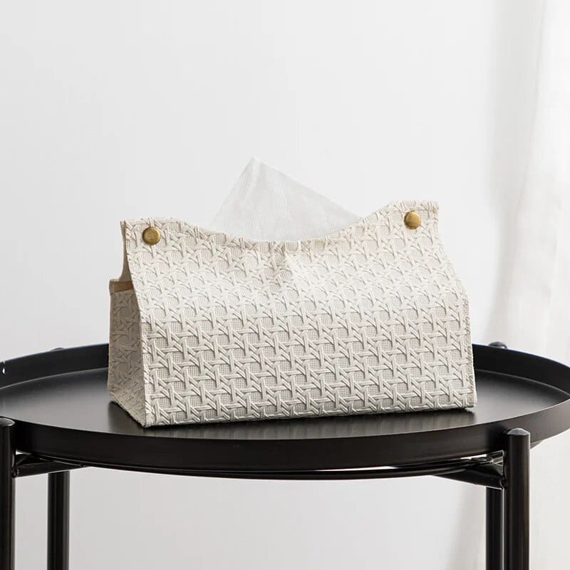 White woven tissue box cover with faux leather strap (2)