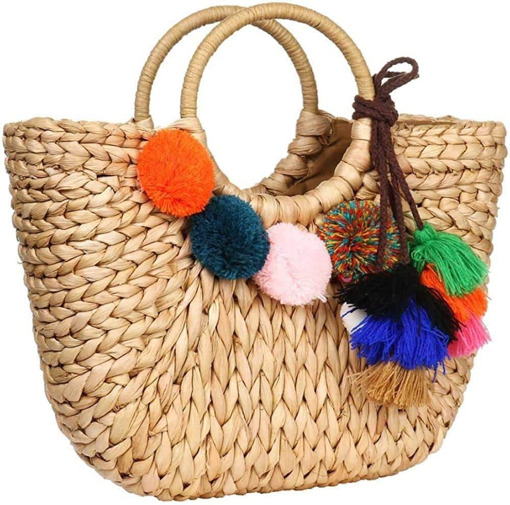 Rattan-look woven bag with multicolor pom-poms – another view