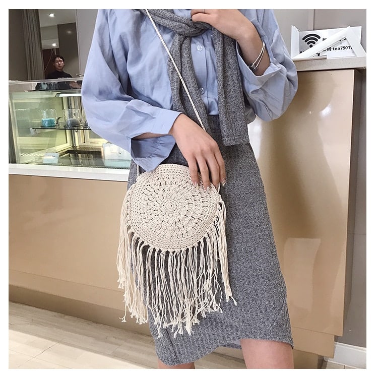 Boho crossed-weave rattan crossbody bag – white variant, worn by a model