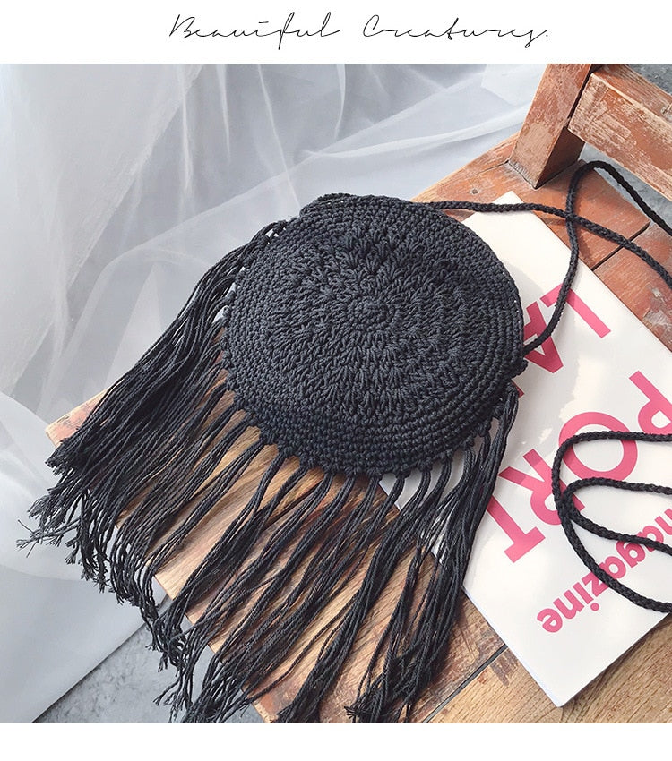 Boho crossed-weave rattan crossbody bag – black variant, another view