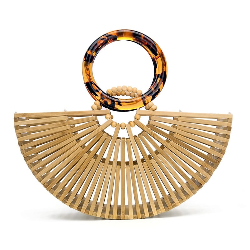 Carved wood handbag with woven accents – another view