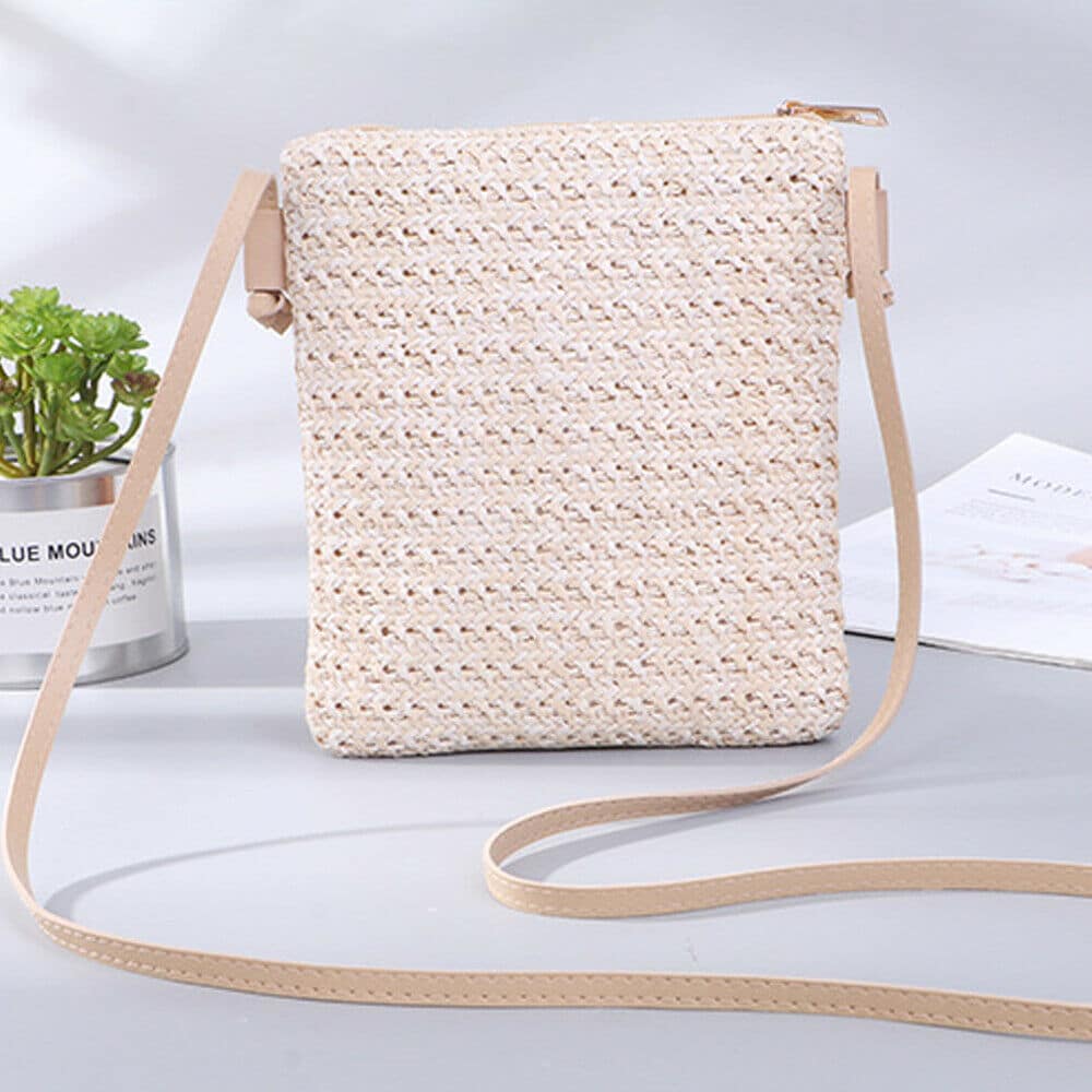 Compact beige straw and rattan crossbody bag
