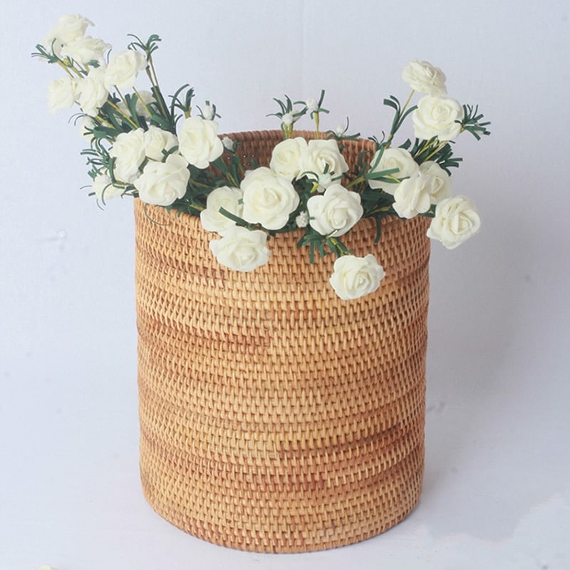 Cylindrical woven rattan storage bucket – another view