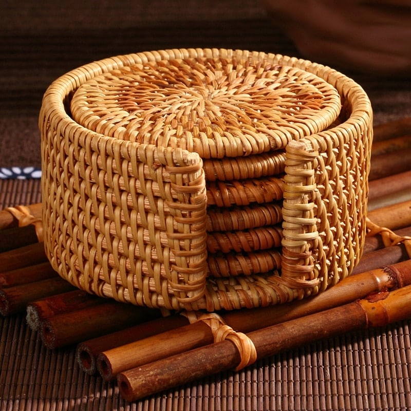 Set of six handwoven rattan drink coasters