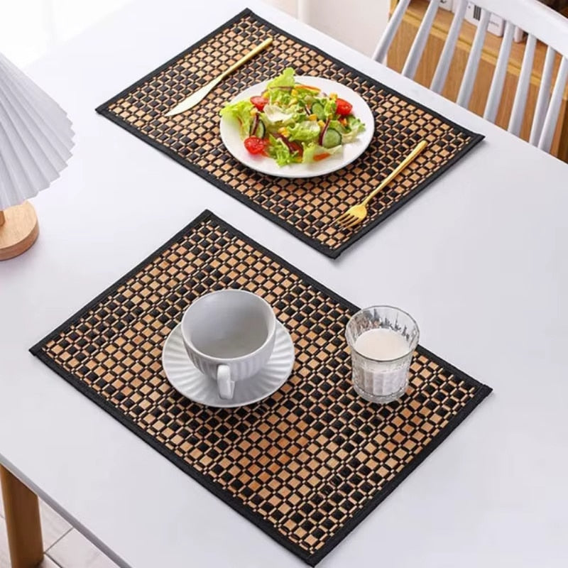 Non-slip checkered bamboo placemat with a two-tone pattern – shown in a room setting (3)