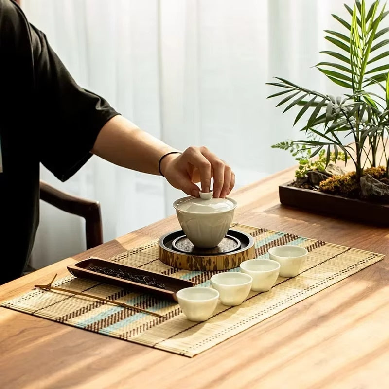 Japanese-style placemat made of fine bamboo slats – shown in use