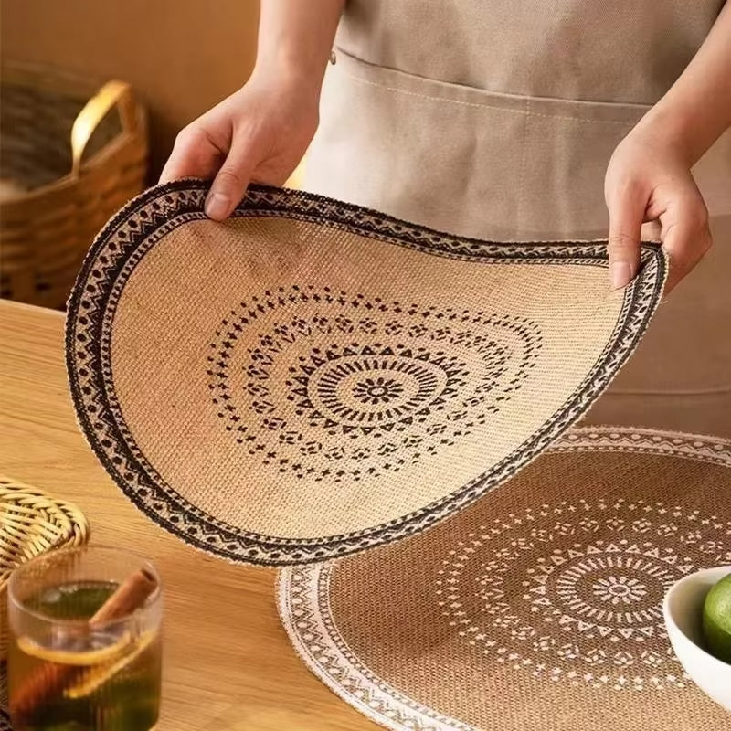 Round boho woven placemat in white – shown in use