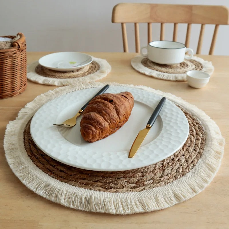 Round hand-braided cotton and corn husk placemat – shown in a room setting (2)