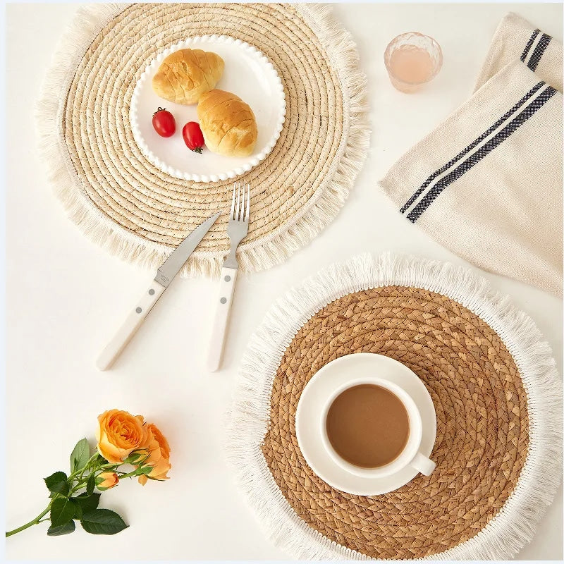 Pastoral rattan placemat with a fine thread border – shown in a room setting (2)
