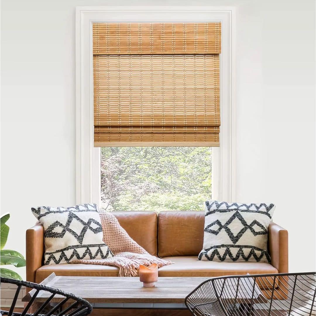 Evenly slatted natural bamboo blind – shown in a room setting