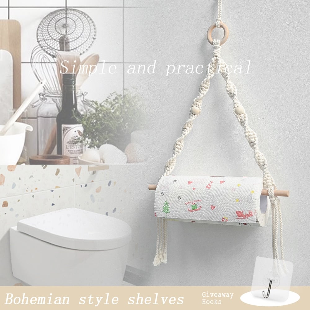 Round boho woven wall hanging on a natural wood frame – shown in a room setting (2)