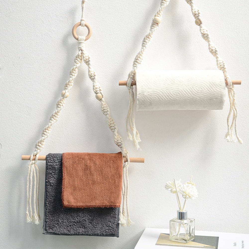Round boho woven wall hanging on a natural wood frame – shown in a room setting