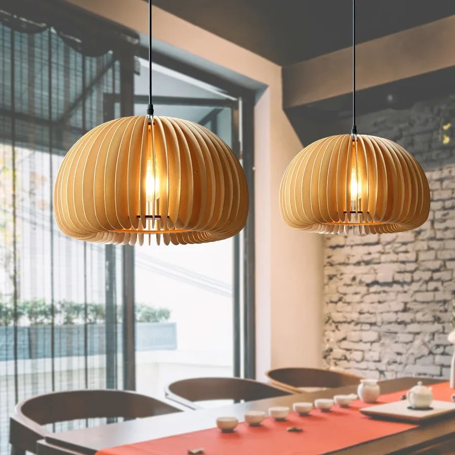 Handwoven wood pendant light – shown in a room setting (3)