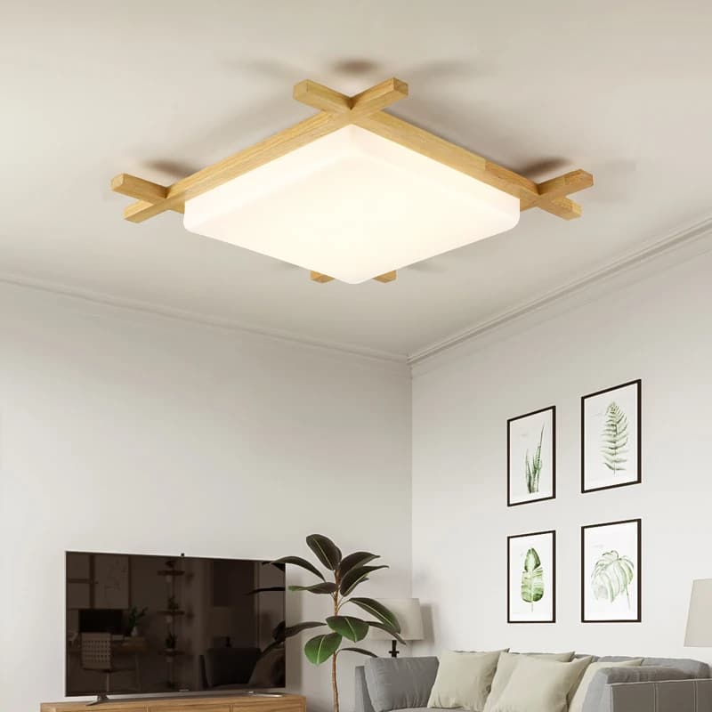 Square wood pendant light – shown lit in a room setting (2)