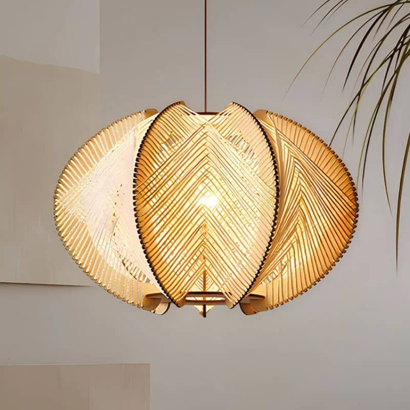 Turned wood and handwoven rattan pendant light – shown lit