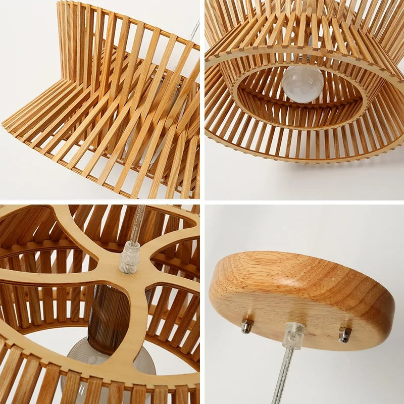 Golden-toned curved wood pendant light – multiple views