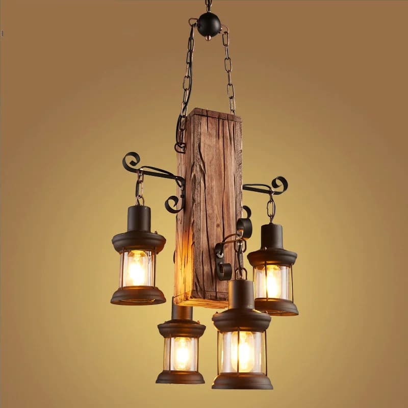Vintage industrial driftwood beam pendant light – shown lit