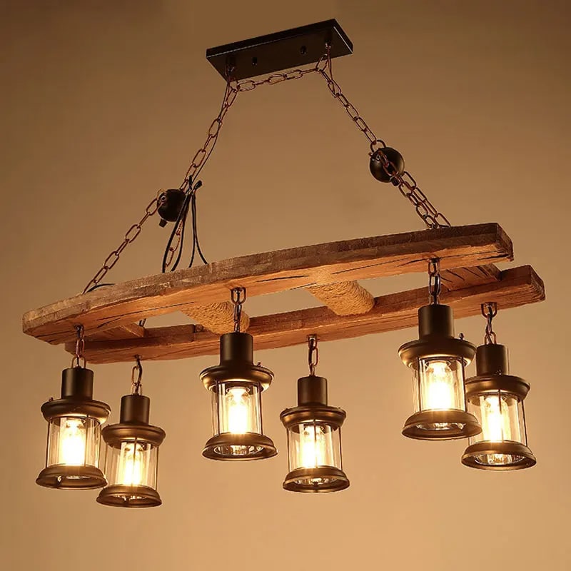 Driftwood branch chandelier with six blown glass lanterns – shown lit (2)
