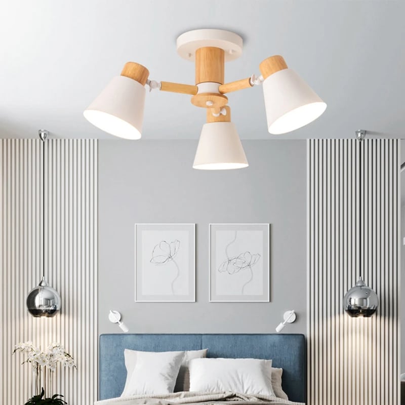 Nordic three-head adjustable wood pendant light – shown in a room setting