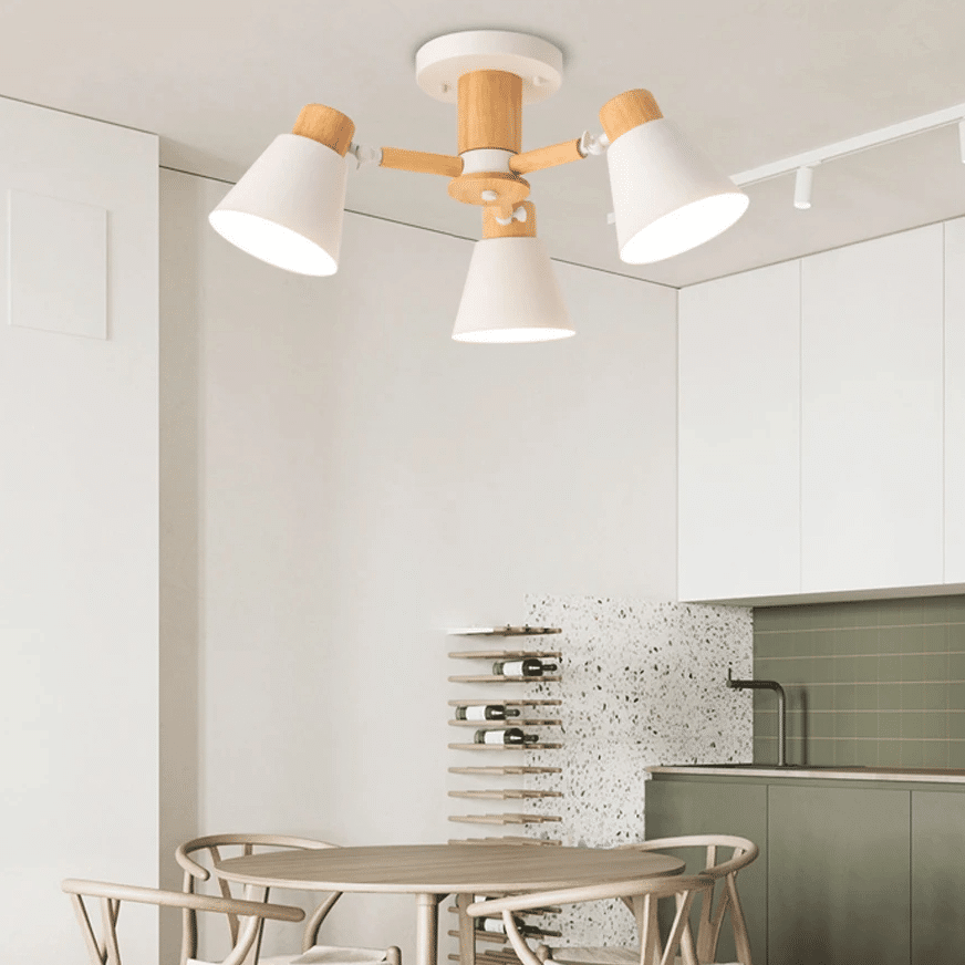 Nordic three-head adjustable wood pendant light – shown in a room setting (2)