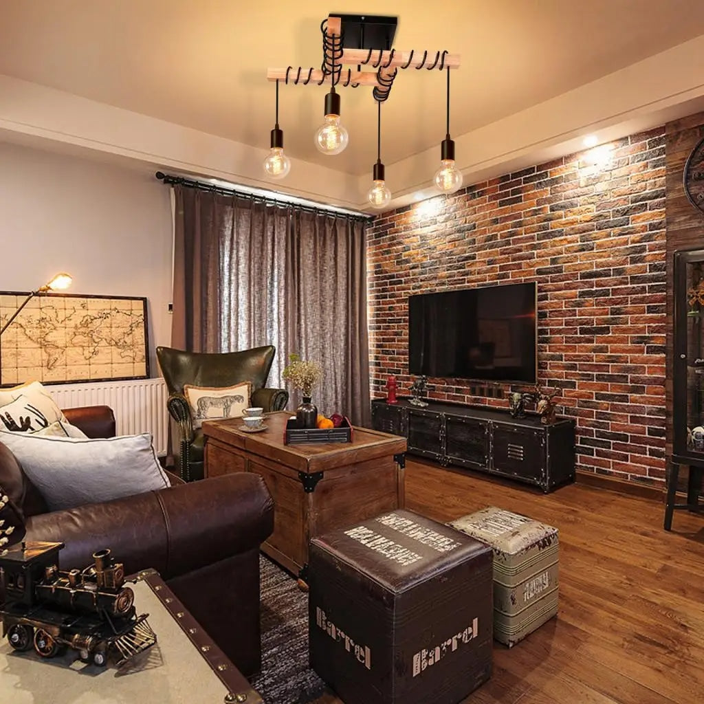Industrial four-head wood and metal pendant light – shown in a room setting (2)