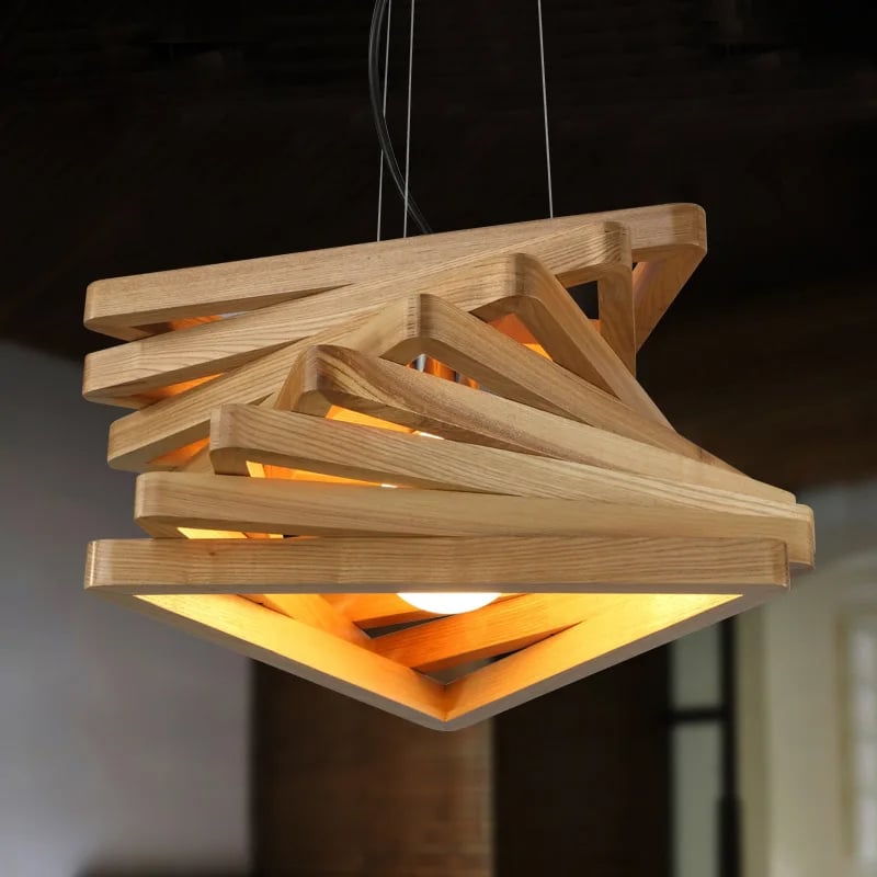 Modern sculptural wood pendant light – shown lit
