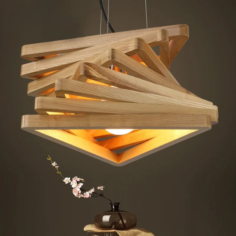 Modern sculptural wood pendant light – shown lit (2)