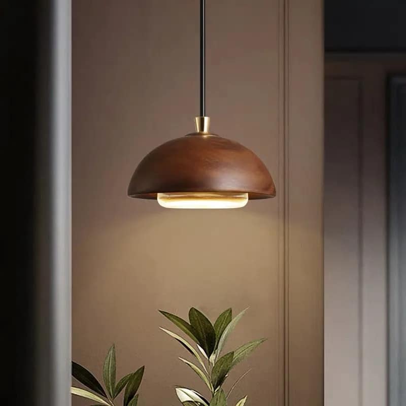 Nordic woven wood pendant light – shown in a room setting