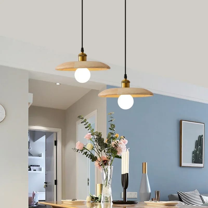 Curved arch wood pendant light – shown in a room setting (3)