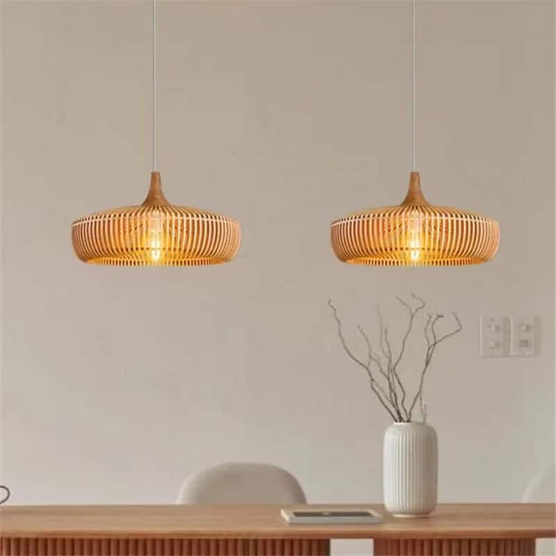 Retro rounded wood pendant light – shown in a room setting (2)