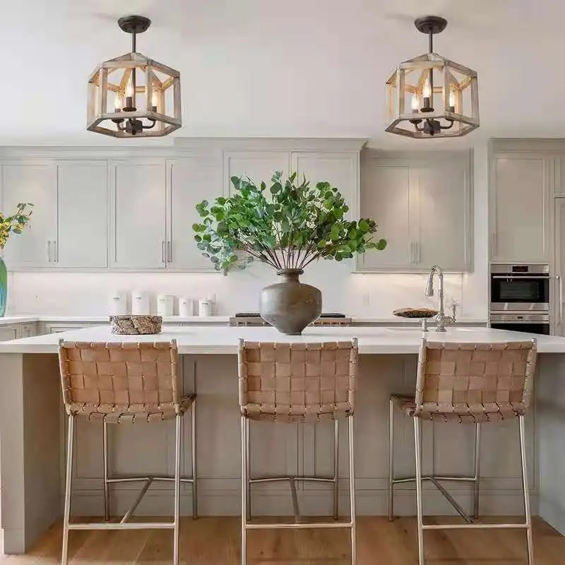 Vintage wood shade and raw metal pendant light – shown in a room setting
