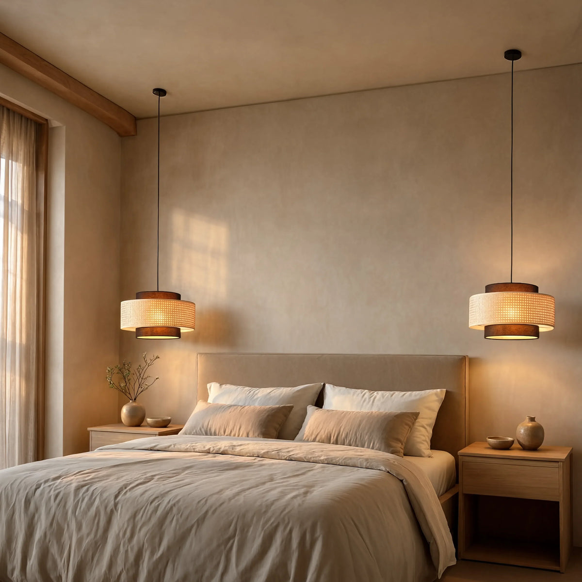Otrante rattan cane drum pendant light – shown in a bedroom (3)