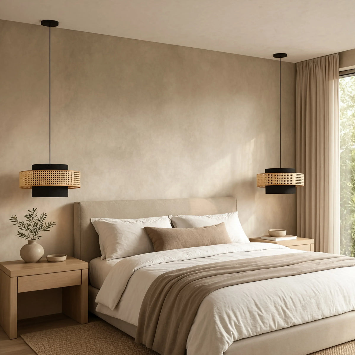 Otrante rattan cane drum pendant light – shown in a bedroom (2)