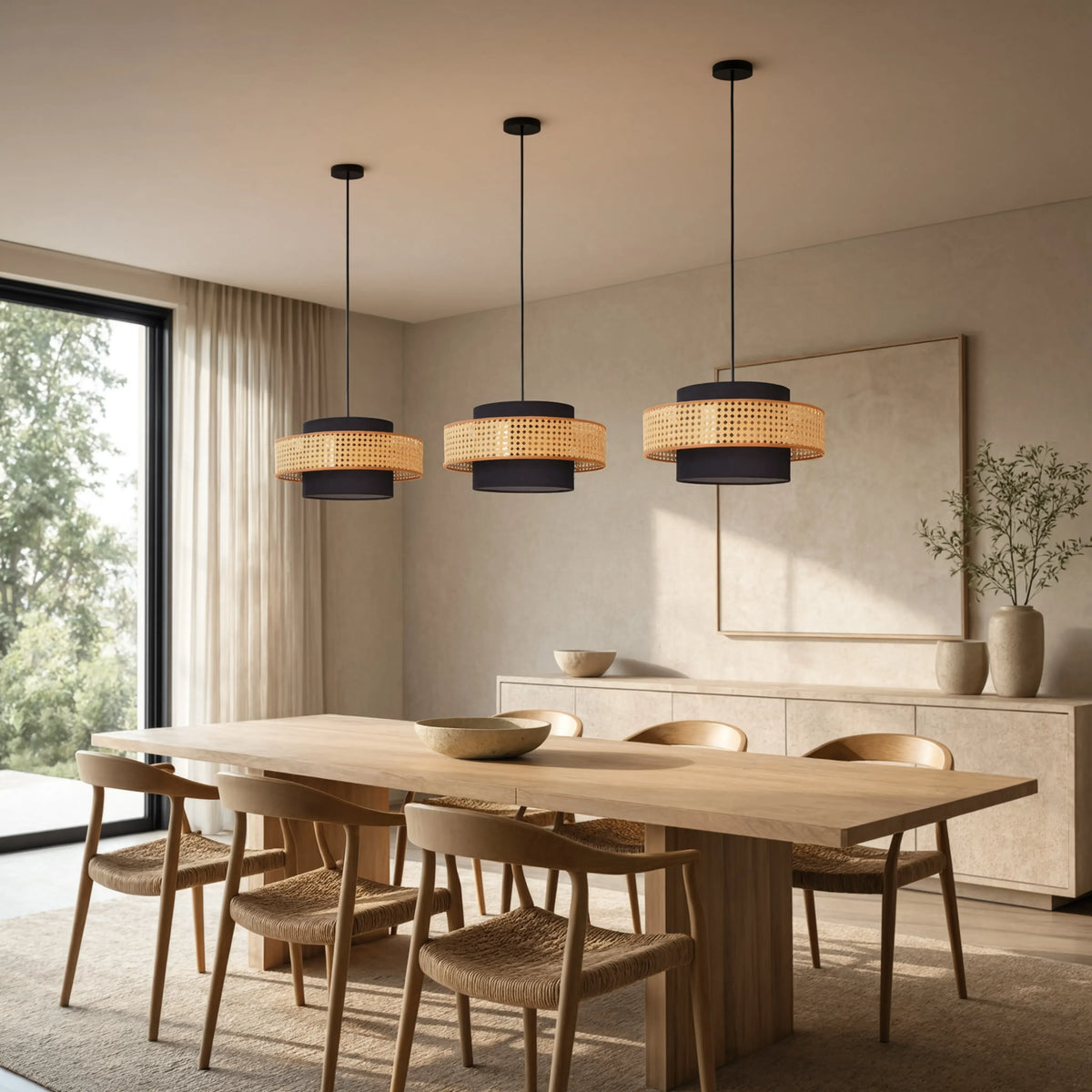 Otrante rattan cane drum pendant light – shown in a dining room (3)