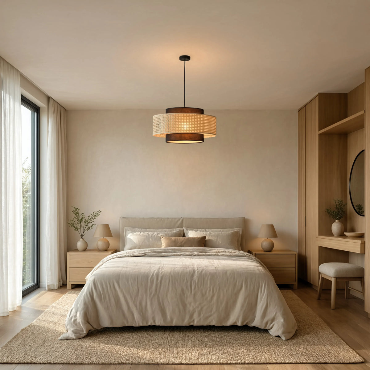 Otrante rattan cane drum pendant light – shown in a bedroom