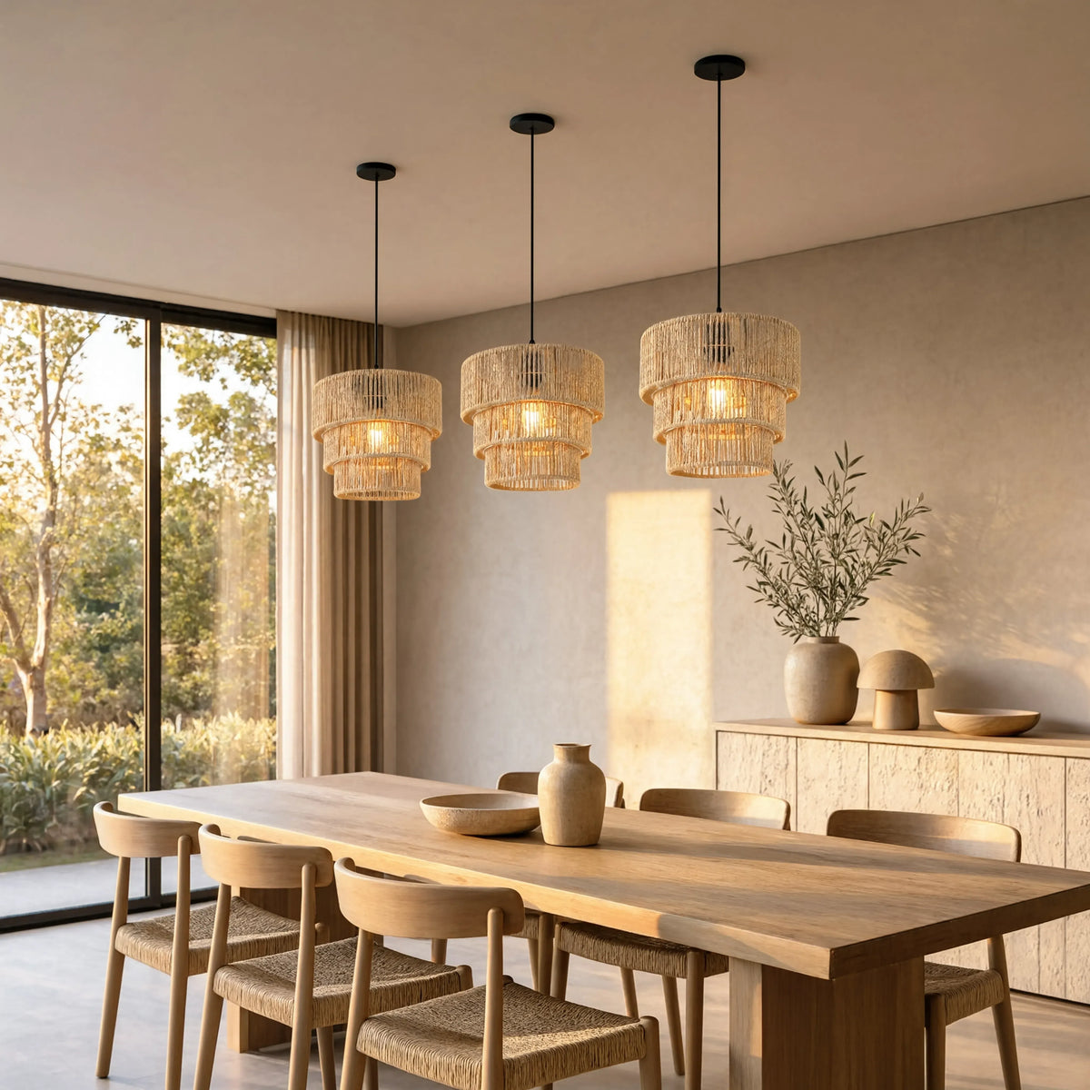 Ostuni three-tier hemp rope pendant light – shown in a dining room