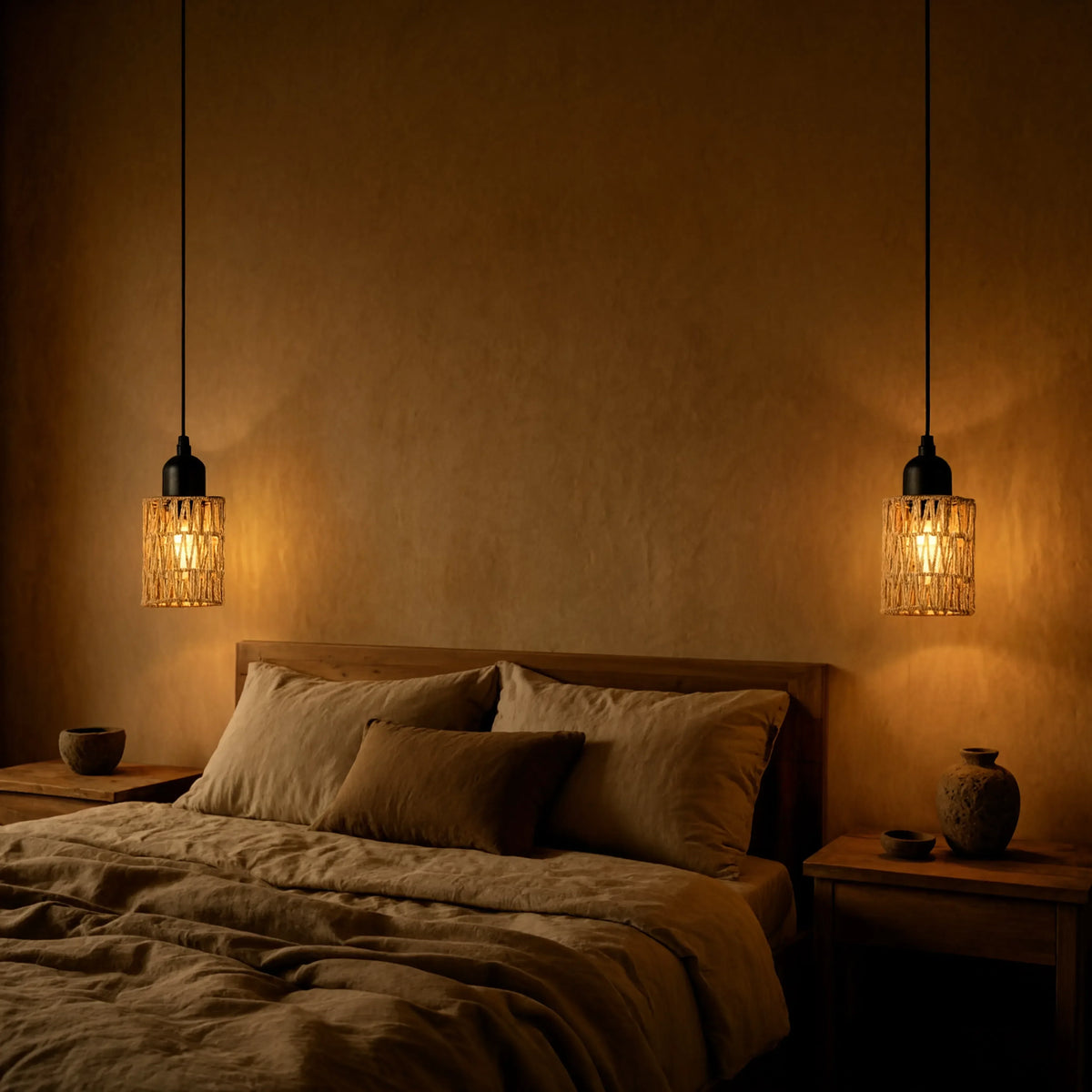 Tinos small jute rope pendant light – shown in a bedroom (2)