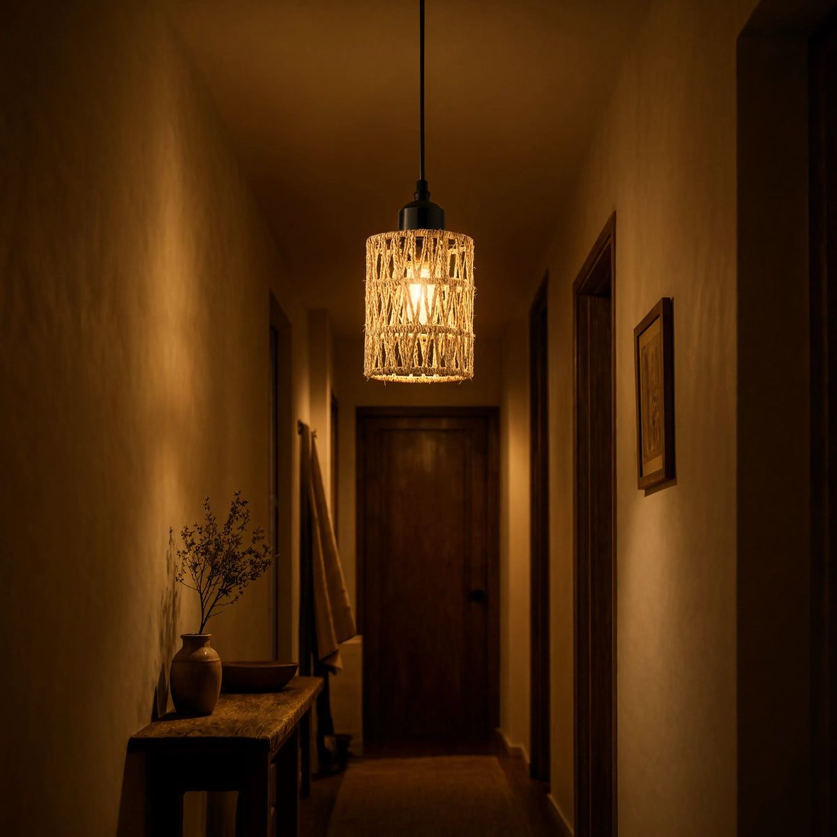 Tinos small jute rope pendant light – shown in an entryway